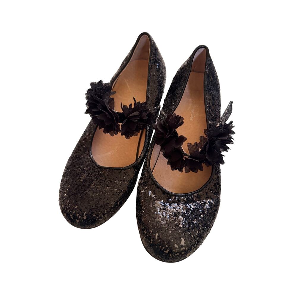Chasing Fireflies Black Sparkle Heels with Flower Strap